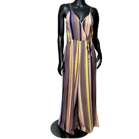 Band of Gypsies Pants - Band of Gypsies Women's Size L Wide Leg Surplice Neck Stripe Multicolor Jumpsuit